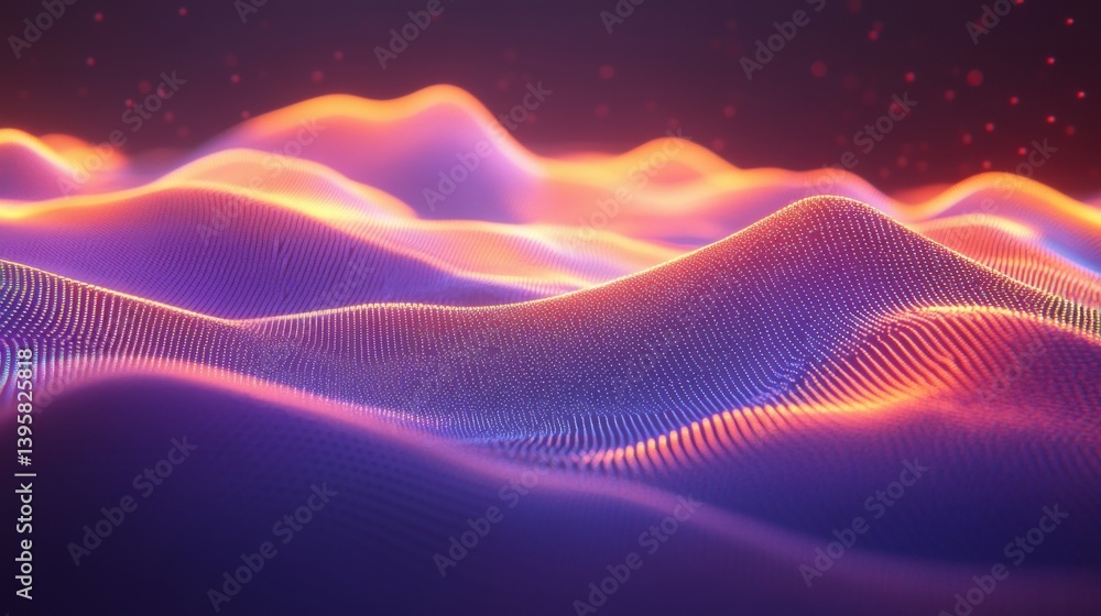 Poster orange and blue data streams are flowing and crossing in the cyberspace, creating a futuristic digit
