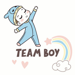 Cute Baby Boy Illustration With Rainbow Cloud And Hearts For Baby Shower