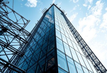 Intricate steel framework and reflective glass panes of a modern skyscraper, architecture, metal