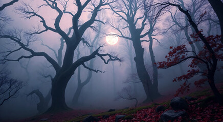 Mysterious forest scene with bare trees and a hint of moonlight. The foggy atmosphere creates a haunting and serene ambiance.