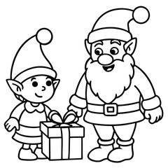 Cartoon Christmas characters illustration of Santa Claus, an elf, and children with gifts, spreading winter fun and love coloring page