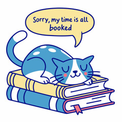Sleepy Cat On Books With Speech Bubble Cute Animal Character Illustration