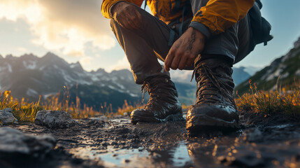 Exploring the alpine trail with muddy hiking boots at sunset near majestic mountains