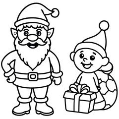 Cartoon Christmas characters illustration of Santa Claus, an elf, and children with gifts, spreading winter fun and love coloring page