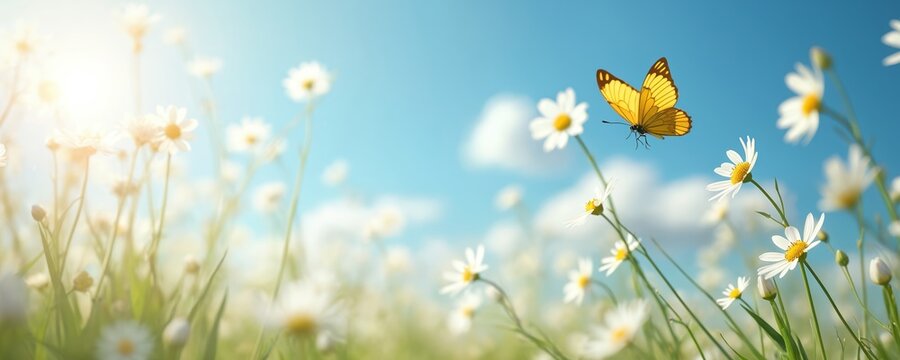 Spring background with blooming glade, butterfly, blue sky on a sunny day. White daisies with green grass, flying yellow butterfly. Serene nature, peaceful atmosphere in meadow. - Powered by Adobe