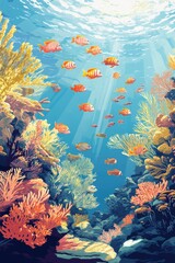 Fototapeta na wymiar Swimming Fish Over Colorful Coral Reef with Sun Rays Cartoon Illustration
