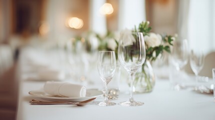 long elegant dining table set for gala dinner with elegantly arranged silverware minimalist decor and inviting atmosphere