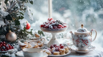 Fototapeta premium A festive winter scene of a table with tea and berries