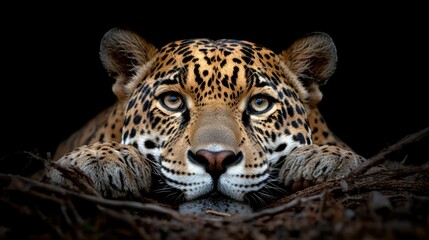 Obraz premium A close-up of a jaguar resting in the dense jungle, surrounded by lush vegetation.