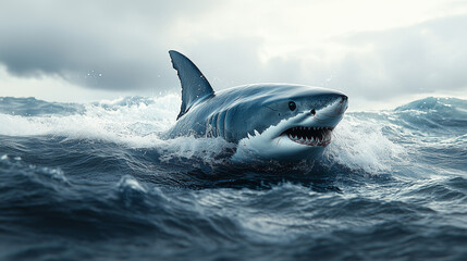 Fototapeta premium Great white shark emerging from ocean waves in a dramatic coastal environment during an overcast day , shark, great, white, ocean, waves, marine, life, coastal, nature, wildlife, sea, predator, 