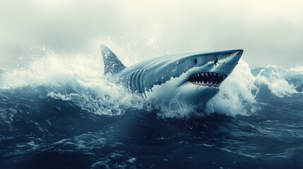 Naklejka premium Majestic shark breaches the ocean surface amidst turbulent waves at dawn shark, ocean, waves, breach, marine, life, dawn, underwater, nature, predator, surface, gray, animal, 