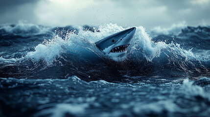 Obraz premium Majestic shark swimming through turbulent ocean waves under overcast skies shark, ocean, waves, water, predator, marine, swimming, nature, clouds, wildlife, teeth, surf, sea, stormy