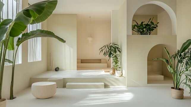 Open-plan sage interior with smooth finishes, indoor plants and white walls - Powered by Adobe