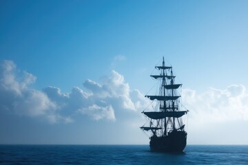 majestic pirate ship with grand sails navigates open sea perfectly silhouetted against vast sky