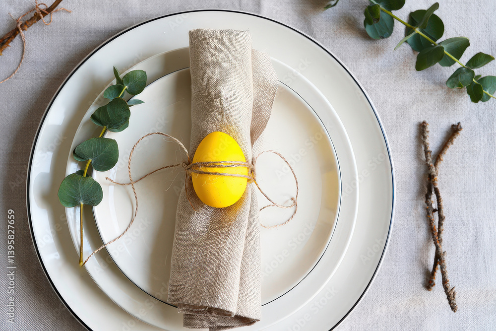 Poster a round plate with a yellow egg in the center, surrounded by greenery and twigs.