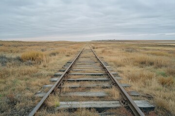 Obraz premium Endless rail tracks stretch into a desolate landscape beneath a cloudy sky, evoking a sense of solitude and the promise of distant horizons.