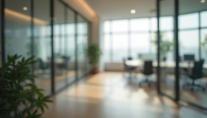 Abstract office interior background. Blurry office space. Modern workspace design. Glass walls, blurred furniture, plants. Natural light, commercial building, business concept, indoor.