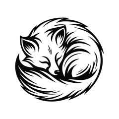 Stylized Sleeping Fox Curled Up Round Shape, Black Silhouette on White Background, Minimal