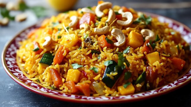 Colorful plate of pulao rice with mixed vegetables garnished with saffron strands and cashews