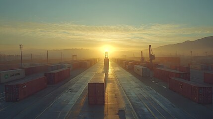 Fototapeta premium Train yard with cargo containers at sunrise or sunset with mountains in distance.