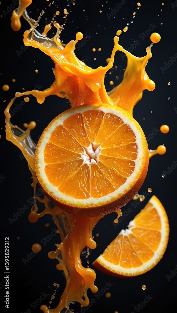 Poster a close-up image of an orange being squeezed, resulting in a splash of juice against a dark backgrou