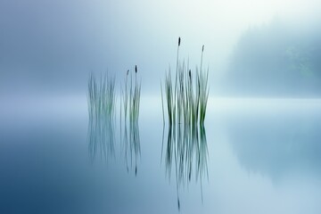 Tall reeds create delicate reflections in a serene, misty lake, evoking tranquility and natural simplicity.