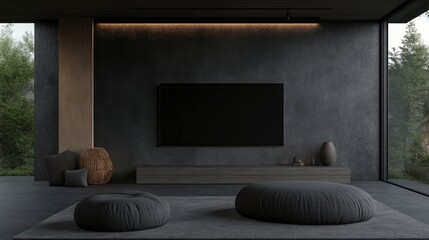 Modern minimalist living room with a neutral color scheme, featuring a large TV and comfortable seating areas, showcasing natural light and a tranquil ambiance