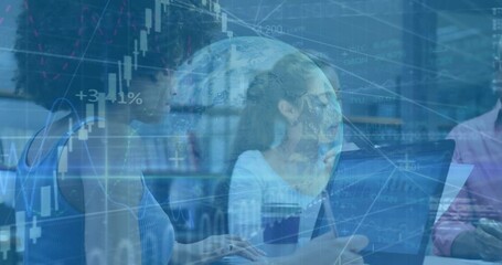 Business team working on laptops with financial data and globe animation overlay - Powered by Adobe