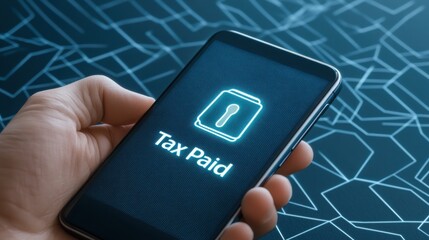 A person using a sleek smartphone tax app with an intuitive interface, showcasing a "Tax Paid" confirmation screen with a fingerprint scan