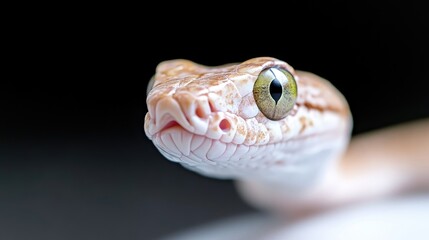 Fototapeta premium Snake Head Close-Up Macro Photography High-Detail Sharp Focus Portrait Intricate Scales Observant Gaze Black Background Soft Pastel Tones Ideal for Nature Documentaries