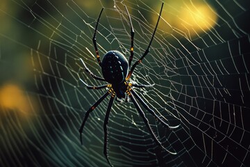 Obraz premium A large spider sits on its intricate web, backlit by warm sunlight, creating an enchanting and mysterious scene.