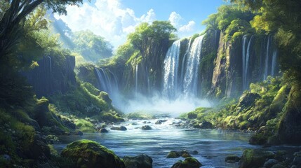 Fototapeta premium A river flowing over moss covered rocks with a beautiful waterfall flowing down a high cliff with a blue sky background wallpaper AI generated image