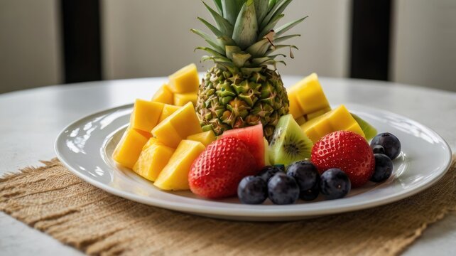 Vibrant fruit plate with fresh seasonal fruits healthy lifestyle theme.