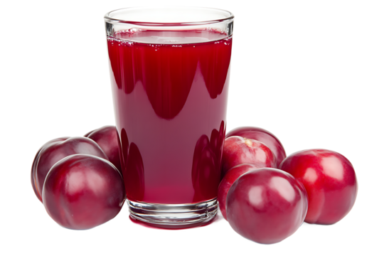 A glass filled with dark red plum juice surrounded by several fresh plums on a black background