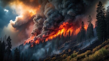 Fototapeta premium A massive wildfire engulfs a dense forest on a mountainside