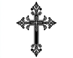 Ornate black cross with floral detailing.  Elegant religious symbol