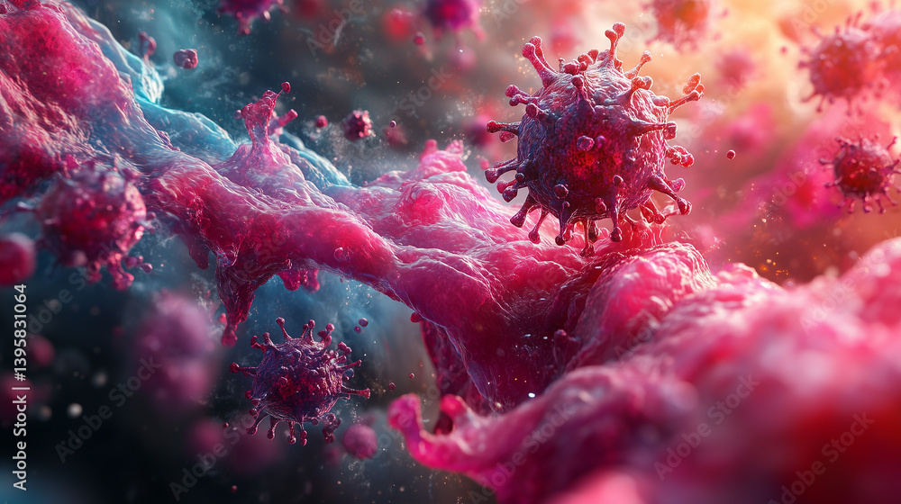 Poster detailed close-up view of vibrant viruses in a colorful cellular environment with illumination effec