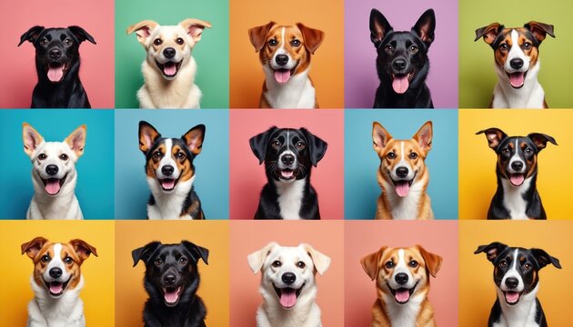 Group of various dogs faces collage on colorful backgrounds. Studio portrait of smiling puppies. Happy dogs looking at camera. Different breeds. Canine concept. Pet animal.