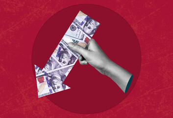 Business concept. Hand holding an arrow of dollars pointing down. Falling dollar. Loss of money. Collage.