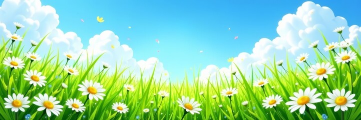 Obraz premium Lush meadow covered in daisies with vibrant blue sky, tranquil, blooming, peaceful