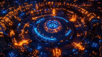 Fototapeta premium The neon-lit mechanical network of the AI ​​core radiates pulsing cyber energy. background wallpaper AI generated image