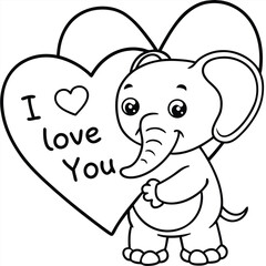 Cute cartoon baby elephant with a pink heart for a sweet Valentine's Day greeting coloring page