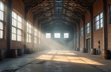 Fototapeta premium Inside old building with sunbeams streaming through windows. Brick walls, wooden barrels, industrial interior. Empty hall, warehouse, grunge style. Dramatic light, shadow effects create moody