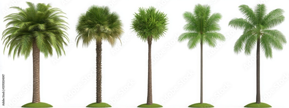 Poster a set of diverse tropical palm trees photographed from various angles, showcasing their unique leaf 