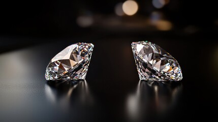Two brilliant diamonds on dark surface, bokeh background. Jewelry, luxury, wealth concept