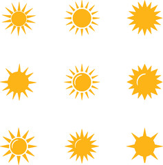 Sun vector set of six in yellow color on white background. Sun simple icons collection. Yellow sun icon set, sunshine and solar glow, sunrise or sunset. Vector illustration.