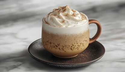 Coffee drink with whipped cream in a mug on a saucer.