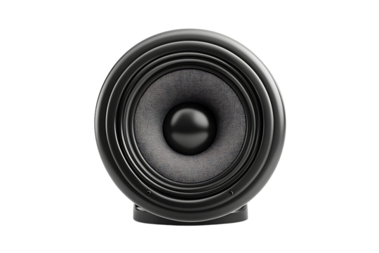 Close up shot of a round black speaker with a mesh cover on a black background in studio lighting
