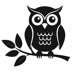 Black Silhouette Owl Perched on Branch with Leaves