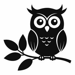 Black Silhouette Owl Perched on Branch with Leaves